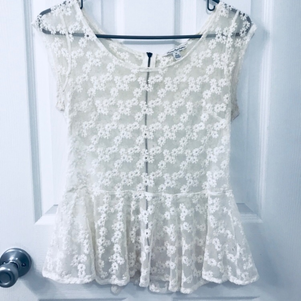 White Flower Lace Peplum Top